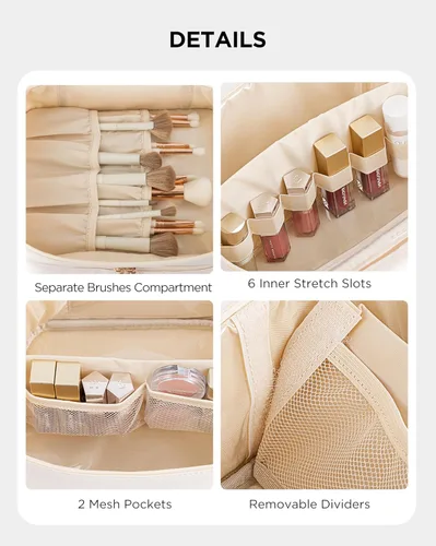 Miniatura 3 de HBlife Bolsa de maquillaje de viaje de doble capa, portátil, bonita bolsa de cosméticos de cuero, bolsa grande de maquillaje, organizador de Beige