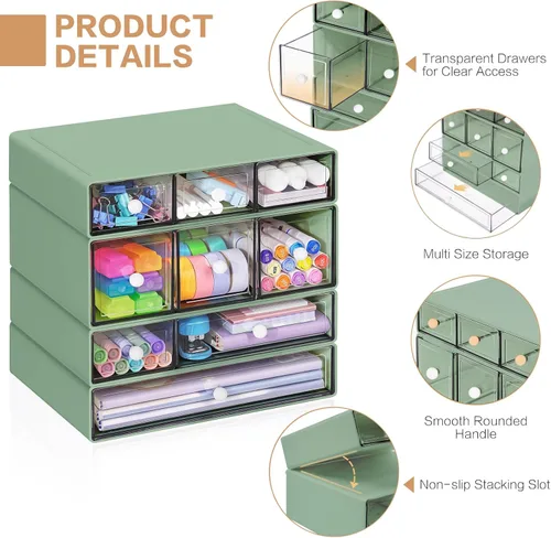 Miniatura 4 de Organizador de escritorio con 9 cajones, cajones de almacenamiento para manualidades de escritorio apilables de 4 niveles, caja de almacenamiento