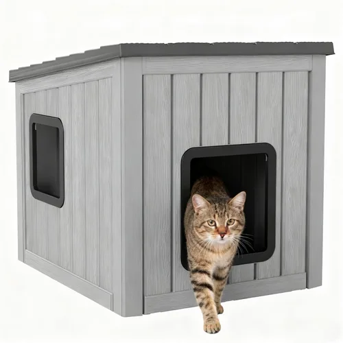 Miniatura 17 de KAMABOKO Casa para gatos al aire libre, refugio de plástico PP resistente a la intemperie para uso en interiores y exteriores, casa duradera