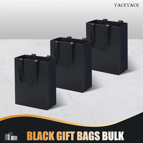 Miniatura 6 de Bolsas de regalo negras a granel, 20 bolsas de regalo de papel negro medianas de 8 x 4.25 x 10.5 pulgadas con asas de cinta, bolsas de regalo