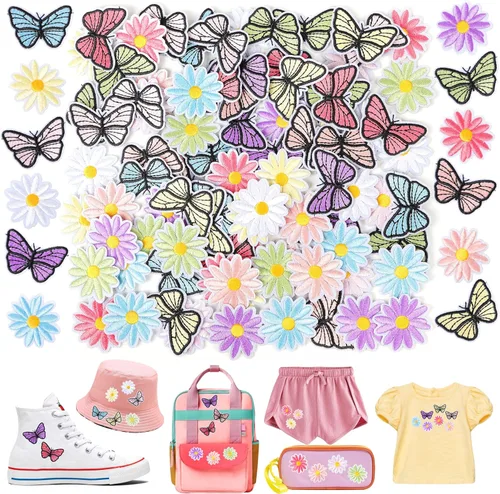 Miniatura 10 de NICEVINYL Parches aleatorios para planchar en la ropa: 120 unidades con diseños de flores y corazones, parches con mariposas lindas bordadas