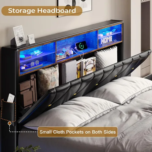 Miniatura 5 de BTHFST Marco de cama tamaño completo con luces LED y estación de carga, marco de cama LED tamaño completo con almacenamiento de cabecero, cama
