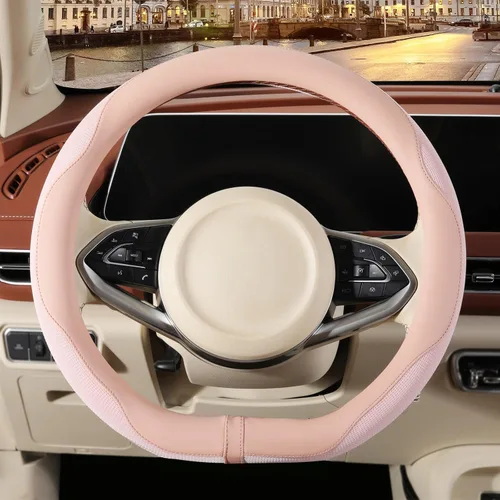 Miniatura 7 de Funda de cuero de napa rosa para volante, de cuero de microfibra avanzada, tela antideslizante y transpirable, cálida en invierno y fresca