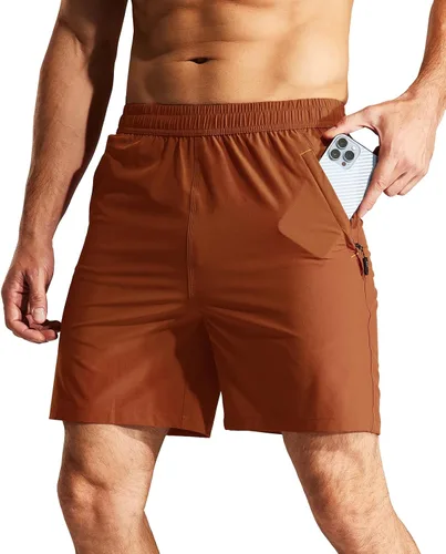 Miniatura 23 de MIER - Pantalones cortos de correr para hombre, de secado rápido, con bolsillo con cremallera, cintura elástica, pantalones cortos atléticos
