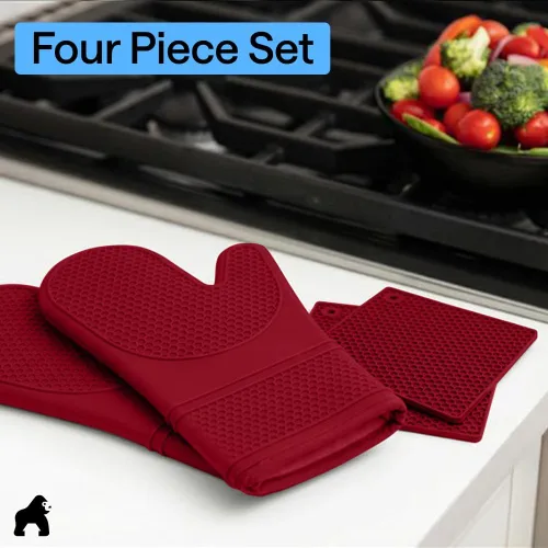 Miniatura 9 de GORILLA GRIP Juego de 4 manoplas de horno de silicona suave sin BPA y soportes para ollas, resistentes al calor, forro de algodón grueso, agarre Rojo