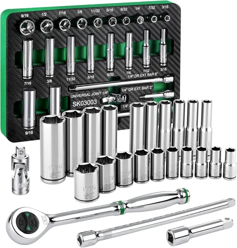 SK Juego de llaves de vaso de 1/4 pulgadas con trinquete de 160-P, 24 piezas, SAE, acabado SuperKrome, construcción CR-V premium, con organizador de