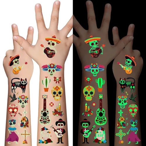 10 piezas de 100 tipos de tatuajes temporales luminosos de dibujos animados para niños, esqueletos de azúcar, esqueletos, piedras preciosas, flores,