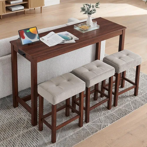 Miniatura 20 de Juego de mesa de bar industrial de 59" de 4 piezas con toma de corriente incorporada, mesa de sofá detrás del sofá con 3 taburetes tapizados