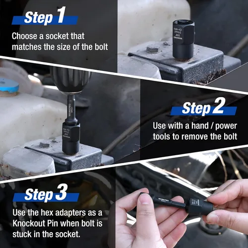 Miniatura 7 de WORKPRO Juego de 15 piezas de extractor de pernos de impacto y tuercas, extractor de pernos de transmisión de 3/8 pulgadas para quitar pernos