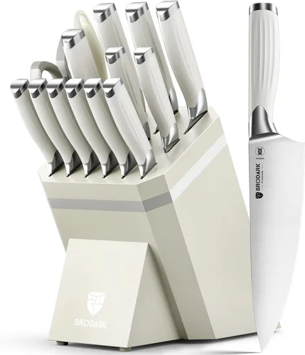 BRODARK Juego de cuchillos de cocina con bloque y afilador – Juego de cuchillos blancos ultra afilados de 15 piezas Full Tang de acero inoxidable