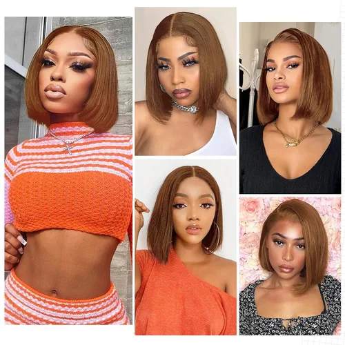 Miniatura 7 de Peluca de cabello humano marrón con encaje frontal HD de 13 x 4 pulgadas, peluca corta estilo Bob para mujeres negras, prearrancada con abuelitos