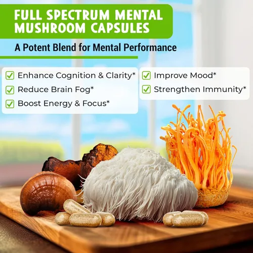 Miniatura 2 de Cápsulas de hongos mentales, suplemento de extracto orgánico con melena de león, cordyceps, reishi y chaga, aumenta tu enfoque, energía, bienestar