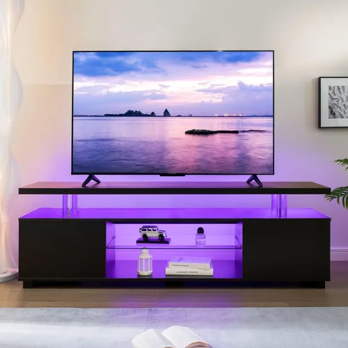 Soporte de TV negro con luces LED para TV de 60 o 65 pulgadas, moderno centro de entretenimiento con almacenamiento, consola de TV para juegos para