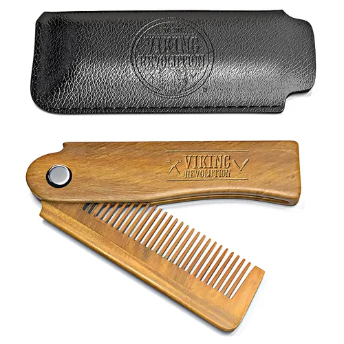Peine plegable para barba con bolsa de transporte para hombres, peine de madera natural con caja de regalo, peine de sándalo verde para aseo y