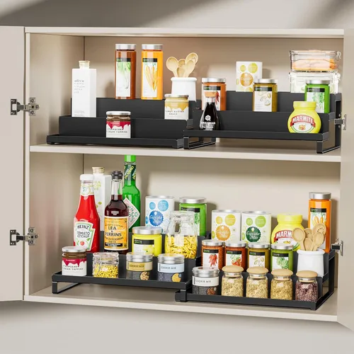 Miniatura 7 de RCHYFEED Organizador de especias para gabinete, juego de 2 estantes de metal de 3 niveles para especias de 11.8 a 22.8 pulgadas, elevadores