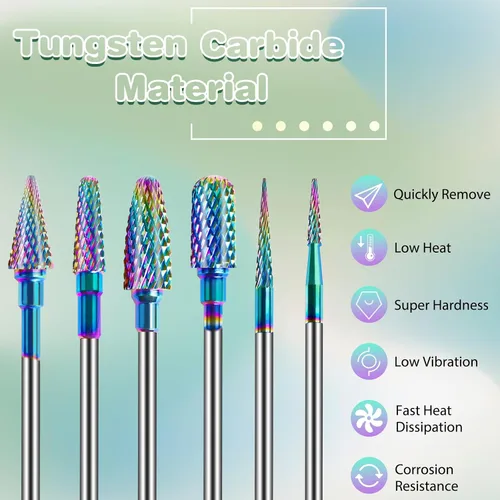 Miniatura 3 de Rolokit Juego de 6 brocas para uñas con cepillo de limpieza, brocas profesionales de carburo de tungsteno de 3/32 pulgadas, brocas para quitar