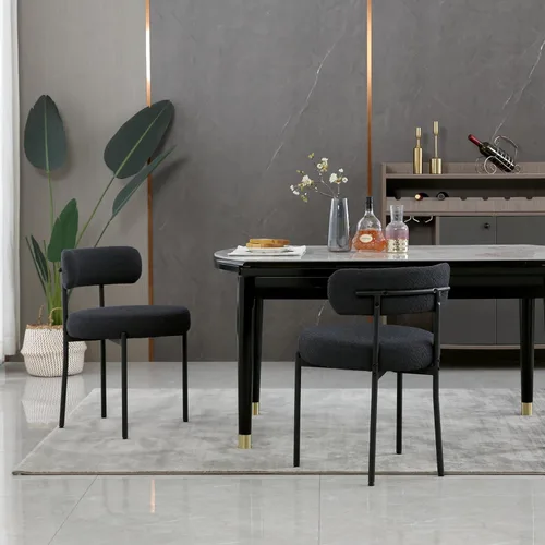 Miniatura 7 de DYHOME - Juego de 2 sillas de comedor de bouclé negro, sillas de cocina modernas de mediados de siglo con respaldo curvo y patas de metal, sillas