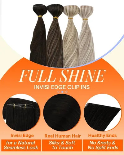 Miniatura 4 de Full Shine Invisi Edge - Extensiones de cabello con clip sin costuras, color negro azabache, cabello Remy inyectado de trama invisible para cabello