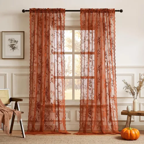 Miniatura 53 de SEEKRIGHT 2 paneles de cortinas traslúcidas de encaje de 96 pulgadas de largo, cortinas florales victorianas blancas para sala de estar, dormitorio