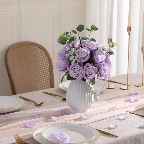 Miniatura 5 de Hawesome Rosas Falsas Flores Artificiales de Seda - 12 Piezas Rosas Moradas Artificiales Flores Falsas con Tallos para Hogar Boda Centro de Mesa