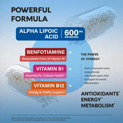 Miniatura 5 de Ácido Alfa Lipóico 600mg - Suplemento de ALA Antioxidante para el Apoyo a los Nervios, Energía y Metabolismo - Fuerza Extra con Benfotiamina, B1