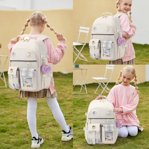 Miniatura 5 de Mochila para niñas de 15.6 pulgadas para laptop, bolsa escolar para niños de primaria y universidad, mochilas y bolsos escolares para niñas Beige