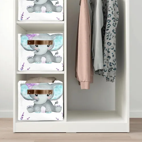 Miniatura 5 de Canasta de almacenamiento personalizada de elefante verde azulado con nombre, caja de almacenamiento grande con asas para el hogar, oficina