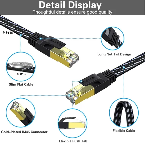 Miniatura 3 de HiiPeak Cable Ethernet Cat 8 de 10 pies, cable de Internet trenzado plano de nailon, cable LAN de red de 40 Gbps de alta velocidad, cable RJ45