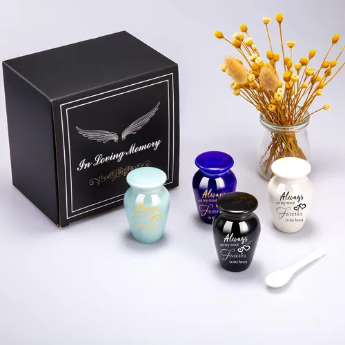 Miniatura 4 de Gredstar Juego de 4 pequeñas urnas de cremación de cerámica para cenizas humanas, mini urnas de recuerdo con diseño de corazón para compartir