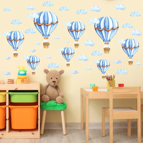 Miniatura 7 de Calcomanías de pared extraíbles para globos de aire caliente grandes, calcomanías de vinilo de nubes azules, autoadhesivos, murales artísticos