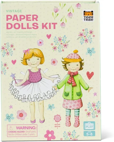 Tiger Tribe: Kit de muñecas de papel, vintage, diseño y vestido, 2 muñecas de papel, incluye ropa que coloras, ropa de colores, calcomanías y