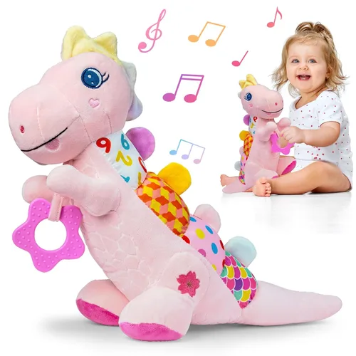 Juguete de peluche suave de dinosaurio para bebés de 0-3-6-12 meses, juguete musical infantil con sonajero, chirriante, arruga sensorial, mordedor y