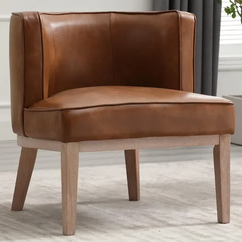 BESTANO Silla decorativa con brazos de barril con patas de madera, cómoda silla lateral redonda de cuero marrón, sillas de lectura tapizadas con