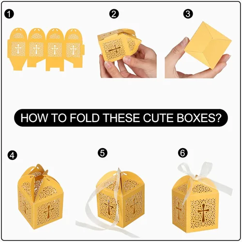 Miniatura 7 de KPOSIYA Paquete de 70 cajas de regalo de bautismo, cajas de dulces cortadas con láser con cintas, cajas de regalo pequeñas para baby shower, Dorado
