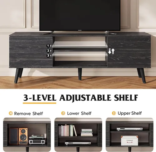 Miniatura 7 de WLIVE Soporte de TV moderno Mid-Century para TV de 55/60 pulgadas, centro de entretenimiento con almacenamiento y estantes ajustables, consola Negro