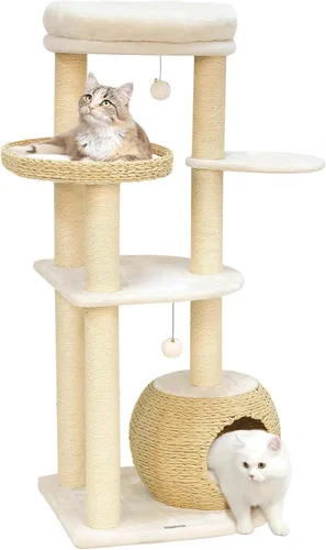 Miniatura 8 de KAMABOKO Árbol Moderno para Gatos, Torre de 53 pulgadas para Gatos de Interior, Postes Rascadores de Sisal Natural, Condominio Tejido a Mano
