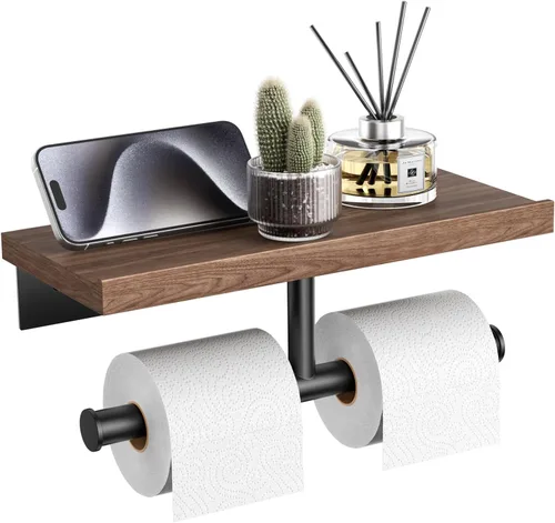 Miniatura 12 de Tindbea Portarrollos de papel higiénico con estante de madera, soporte de rollo de papel higiénico de madera para montaje en pared, accesorios