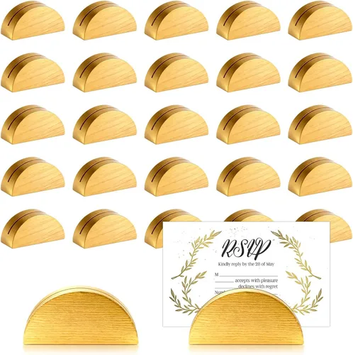 24 soportes de madera dorada para números de mesa, tarjeteros de madera que incluyen calcomanías adhesivas sin rastro, soportes de tarjetas de