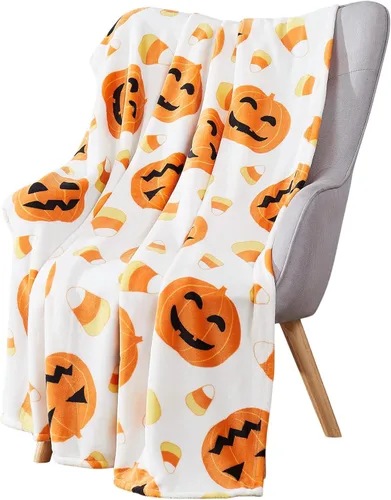 Miniatura 24 de Manta de Halloween: Jack O Lantern, calabazas, fantasmas blancos y telarañas en suave forro polar de terciopelo negro para sofá, sillas y cama Ghost