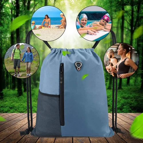 Miniatura 7 de Mochila con cordón, con estilo deportivo, bolsa de gimnasio para mujeres, hombres y niños, bolsa de gran tamaño con zíper y bolsillos de malla