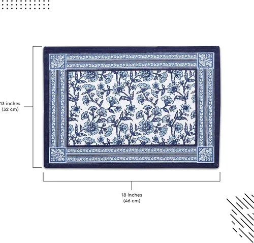 Miniatura 3 de Encasa XO Juego de 6 manteles individuales de lona de algodón con estampado de bloques índigo-02, 18 x 13 pulgadas, estampado a mano de Jaipur