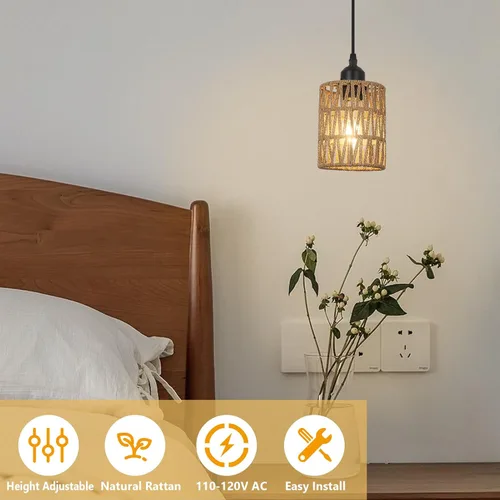 Miniatura 2 de LAMSU Lámparas colgantes de ratán de 1 luz, iluminación colgante bohemia de granja con pantalla tejida a mano de 4.7×5.9 pulgadas, pequeña lámpara