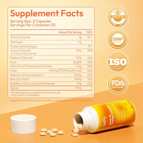 Miniatura 9 de Complejo de vitamina B con taurina B1, B2, B3, B5, B6, B7, B9, B12 taurina - Apoyo inmunológico, metabolismo energético y sistema nervioso