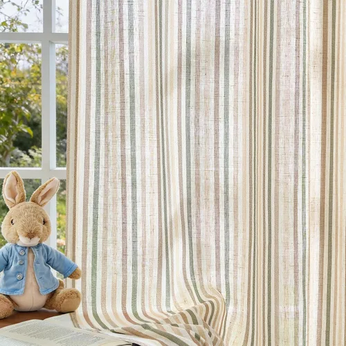 Miniatura 9 de Vangao Cortinas de lino a rayas para sala de estar, dormitorio, casa rural con estampado de rayas de tictac, cortinas impresas con ojales