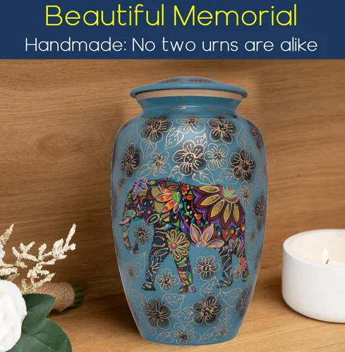 Miniatura 2 de Urna funeraria azul con elefante - Diseño floral espiritual indio - Urna de cremación para cenizas humanas - Aluminio - Adecuada para entierro