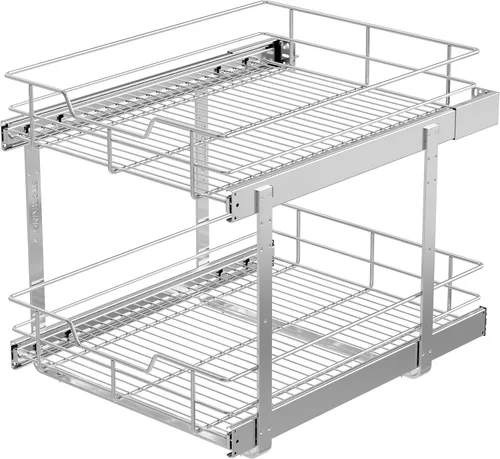 Organizador de gabinete extraíble de 2 niveles de 18 pulgadas de ancho x 22 pulgadas de profundidad, cajones deslizantes para gabinetes de cocina, 2