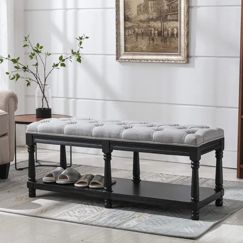 Miniatura 10 de Banco de Almacenamiento Capitoné de Mediados de Siglo con Estante, Banco Otomán Tapizado en Lino Estilo Granja para Entrada/Zapatos con Asiento
