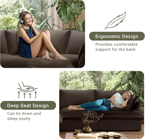 Miniatura 7 de Sofá modular de mezcla de lino para sala de estar, cómodo sofá modular con relleno de plumón, moderno sofá cama convertible con asiento profundo