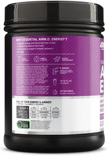 Miniatura 7 de Optimum Nutrition Amino Energy - Polvo energético para antes del entrenamiento con té verde, BCAA, aminoácidos, extracto de café verde, sabor uva
