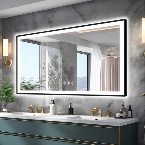 Miniatura 15 de Espejo de baño LED de 20 x 28 pulgadas para pared, marco negro (metal, aluminio), luz frontal y retroiluminada, 3 colores y espejo de tocador